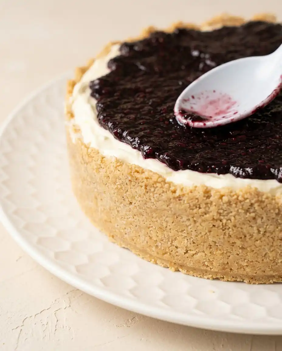 Blackberry Cream Cheese Cake 12 A fresh slice of Blackberry Cream Cheese Cake showing layers of graham crust, cream cheese, and blackberry topping.