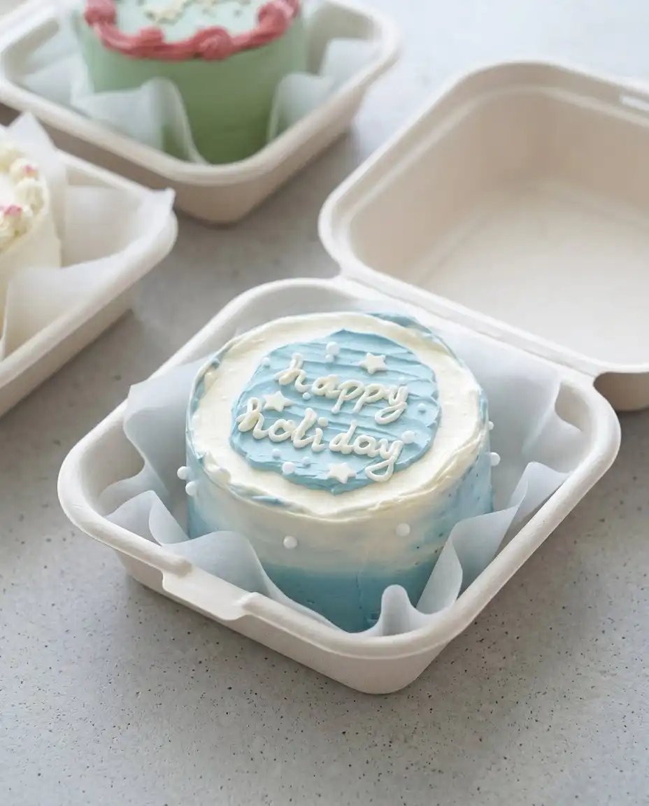 Chocolate Lunch Box Cake 12 A beautiful miniature chocolate lunch box cake with pink vanilla frosting in a takeout container