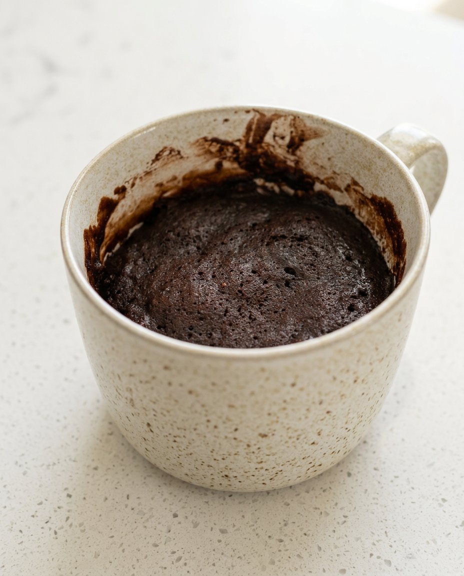 A decadent chocolate mug cake dusted with powdered sugar and served alongside fresh red raspberries.