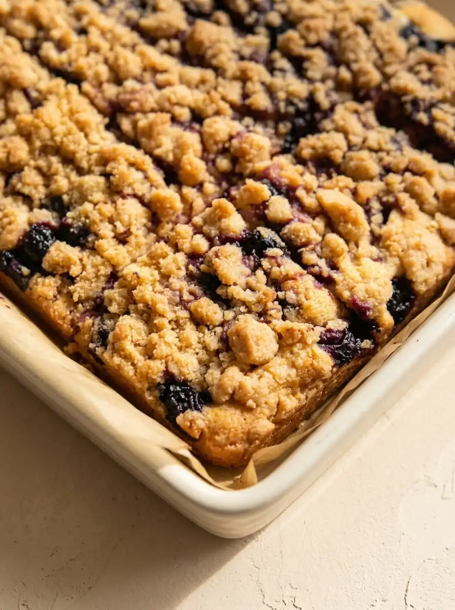 A slice of Classic Blueberry Coffee Crumb Cake next to a hot cup of black coffee on a wooden table.