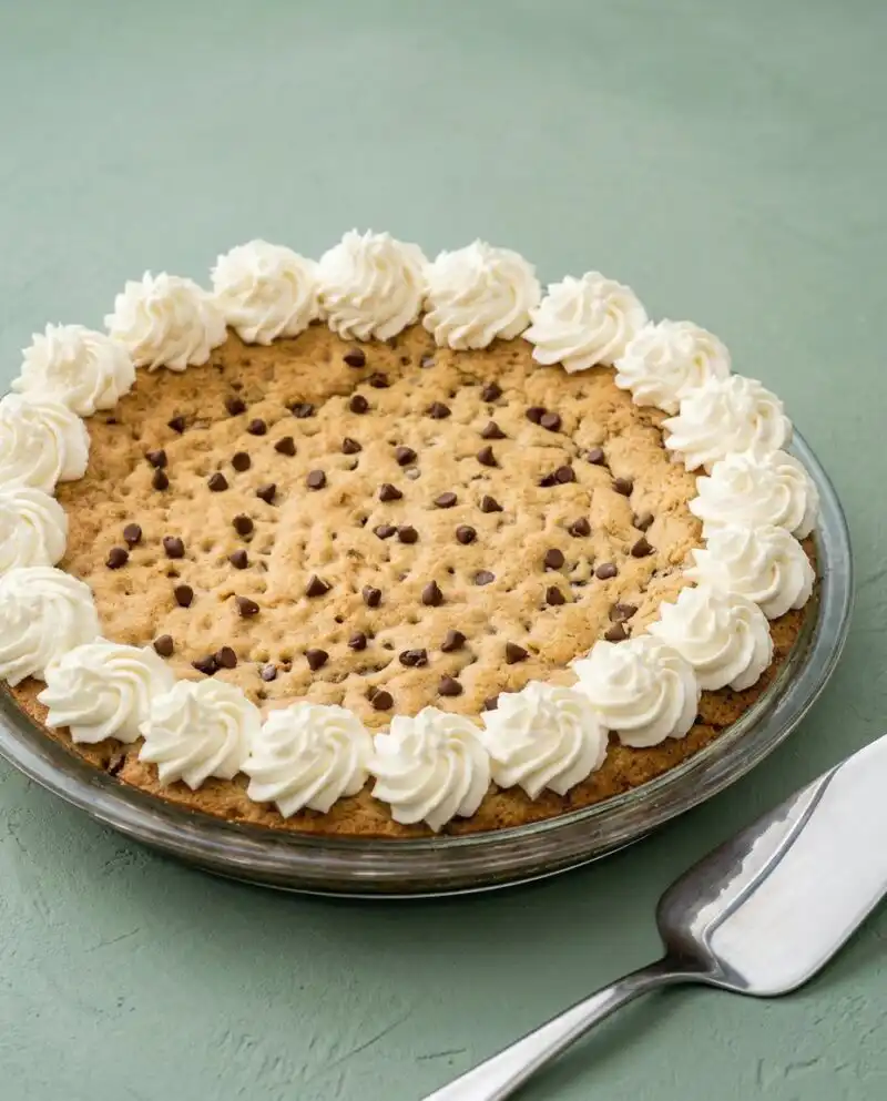 A golden brown classic chocolate chip cookie cake baked in a springform pan on a counter.
