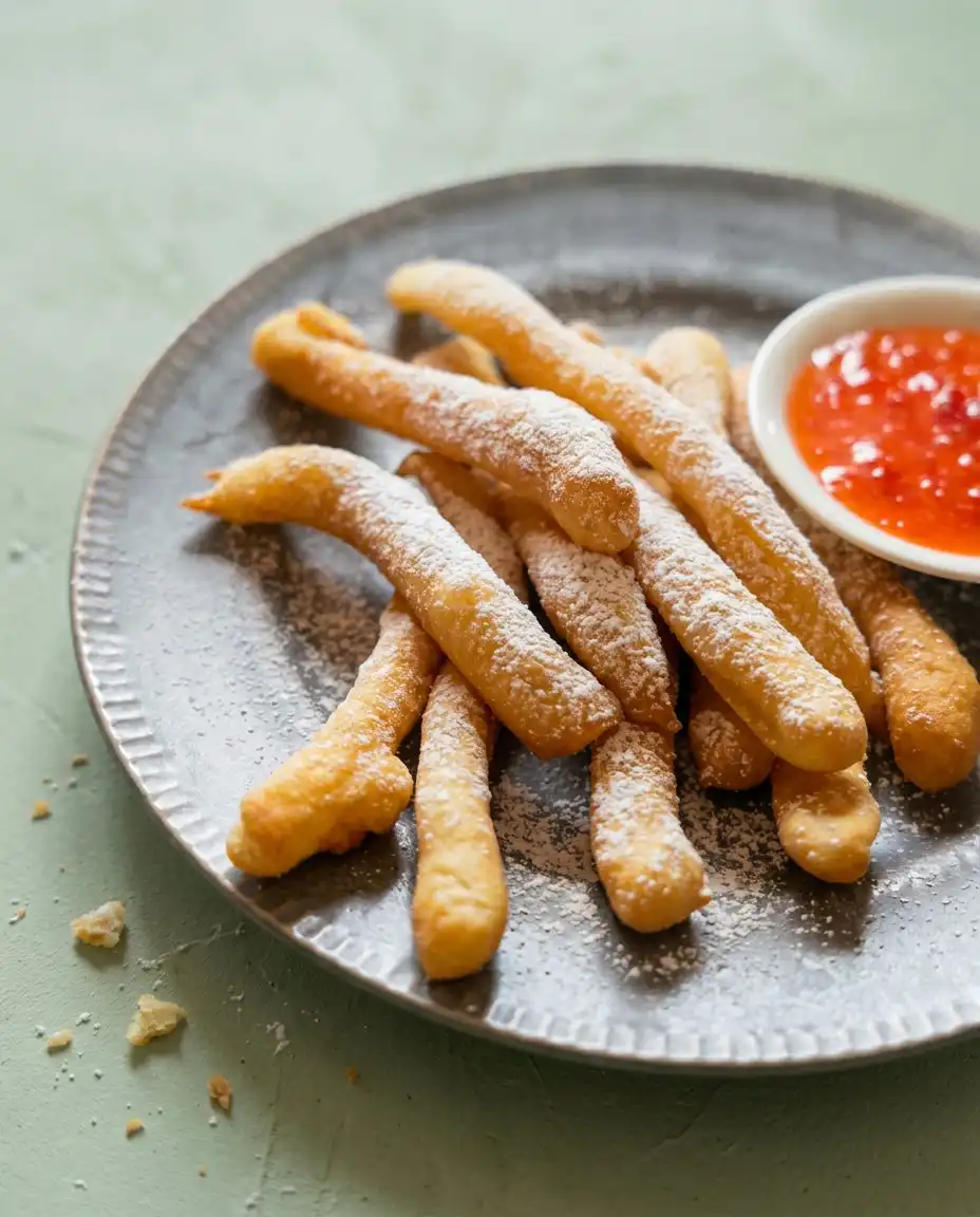 A platter of classic funnel cake fries served with chocolate and caramel dipping sauces