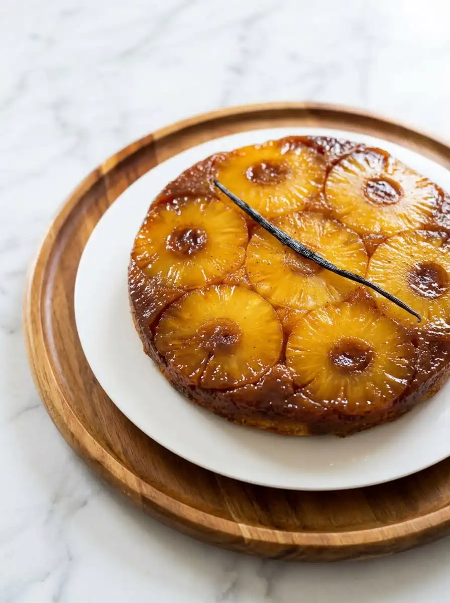 Pineapple Upside-Down Cake 12 Slices of classic Pineapple Upside-Down Cake on a white serving plate