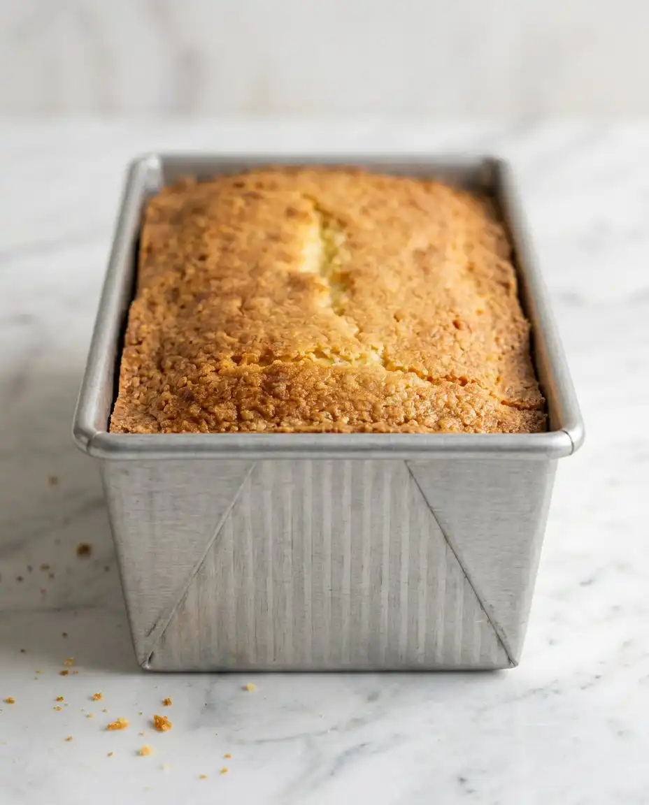 A classic pound cake baking in a metal loaf pan with a beautiful cracked dome top