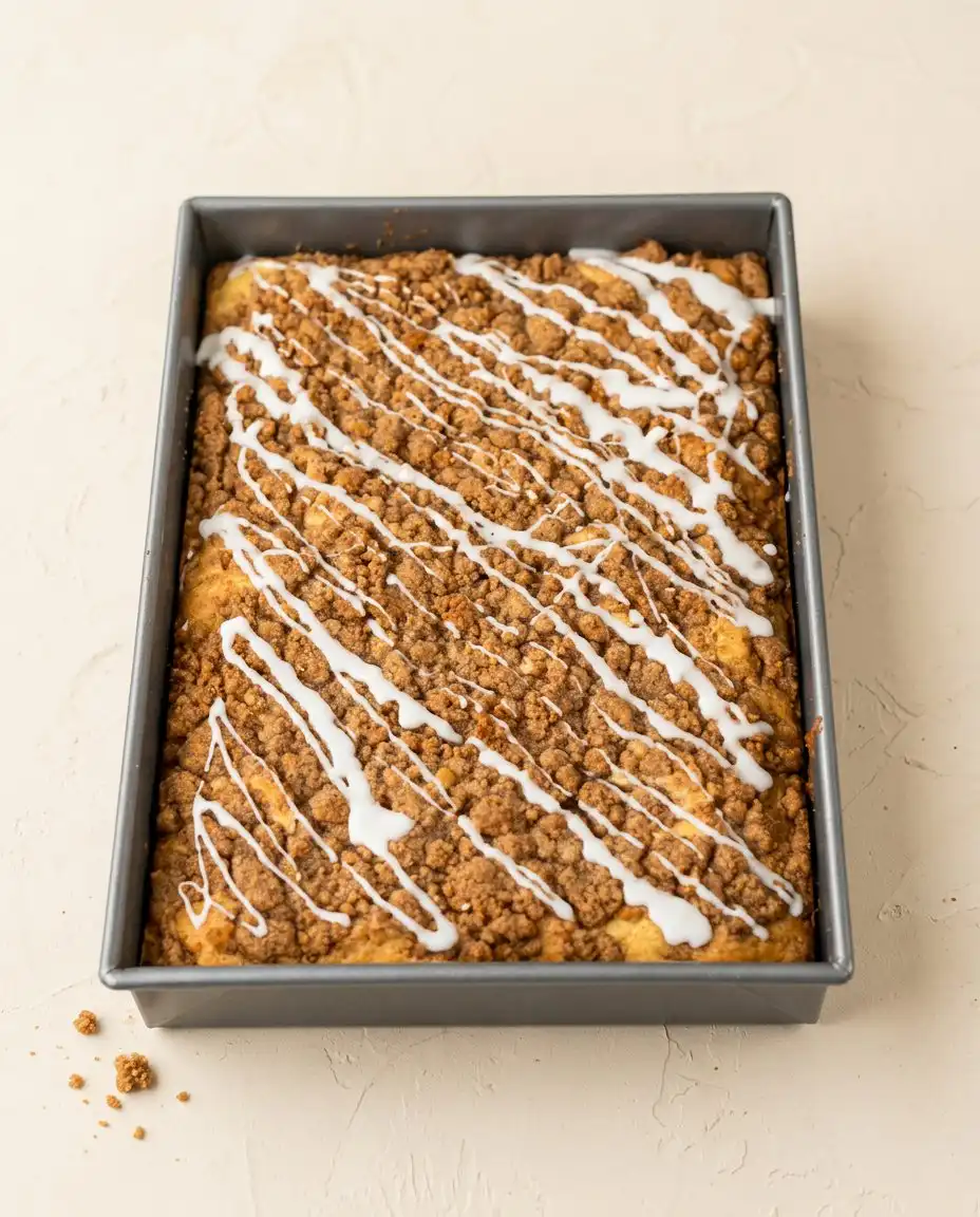 A slice of Classic Streusel Coffee Cake on a plate next to a hot cup of coffee