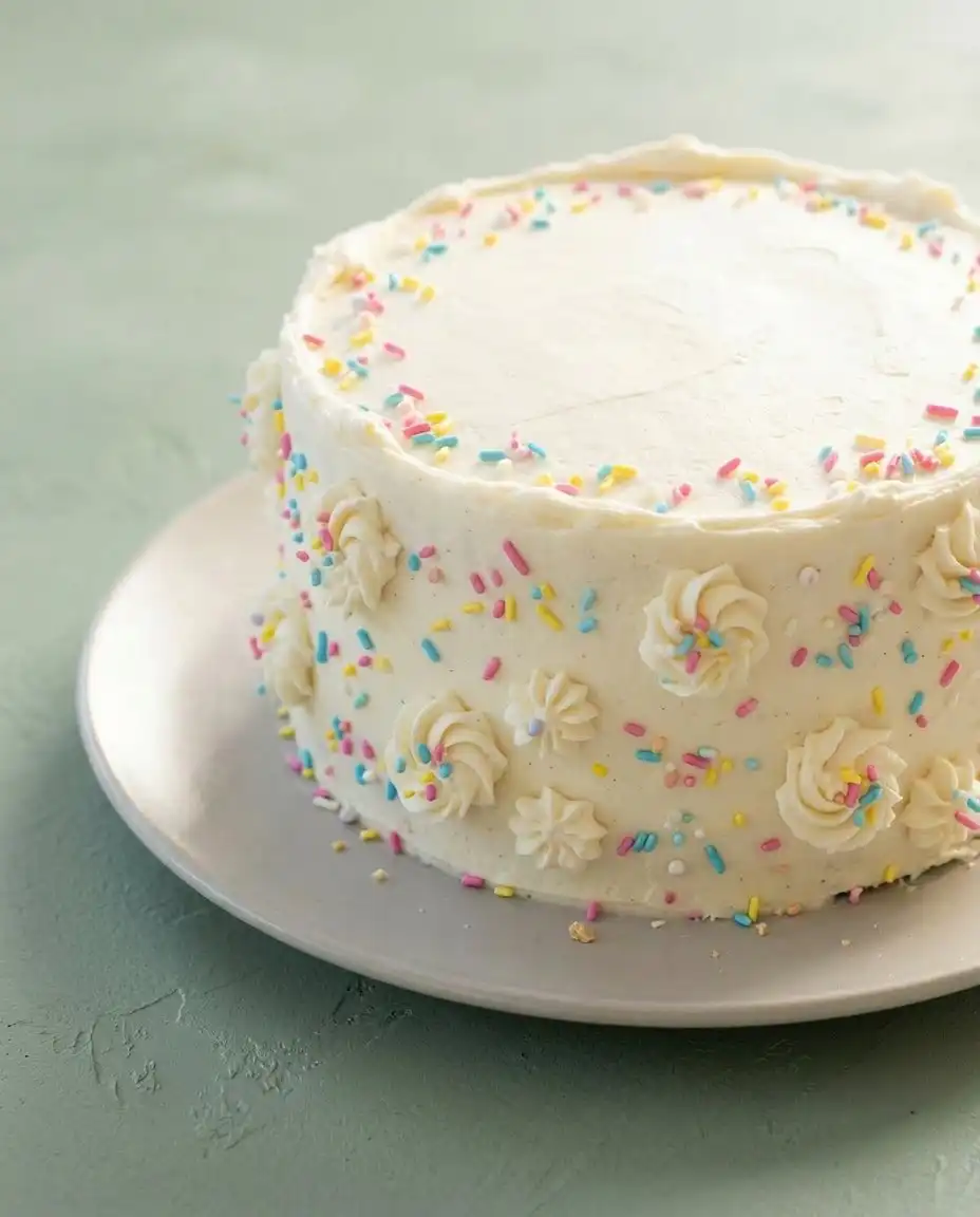 Finished Classic Vanilla Layer Cake decorated on a white stand