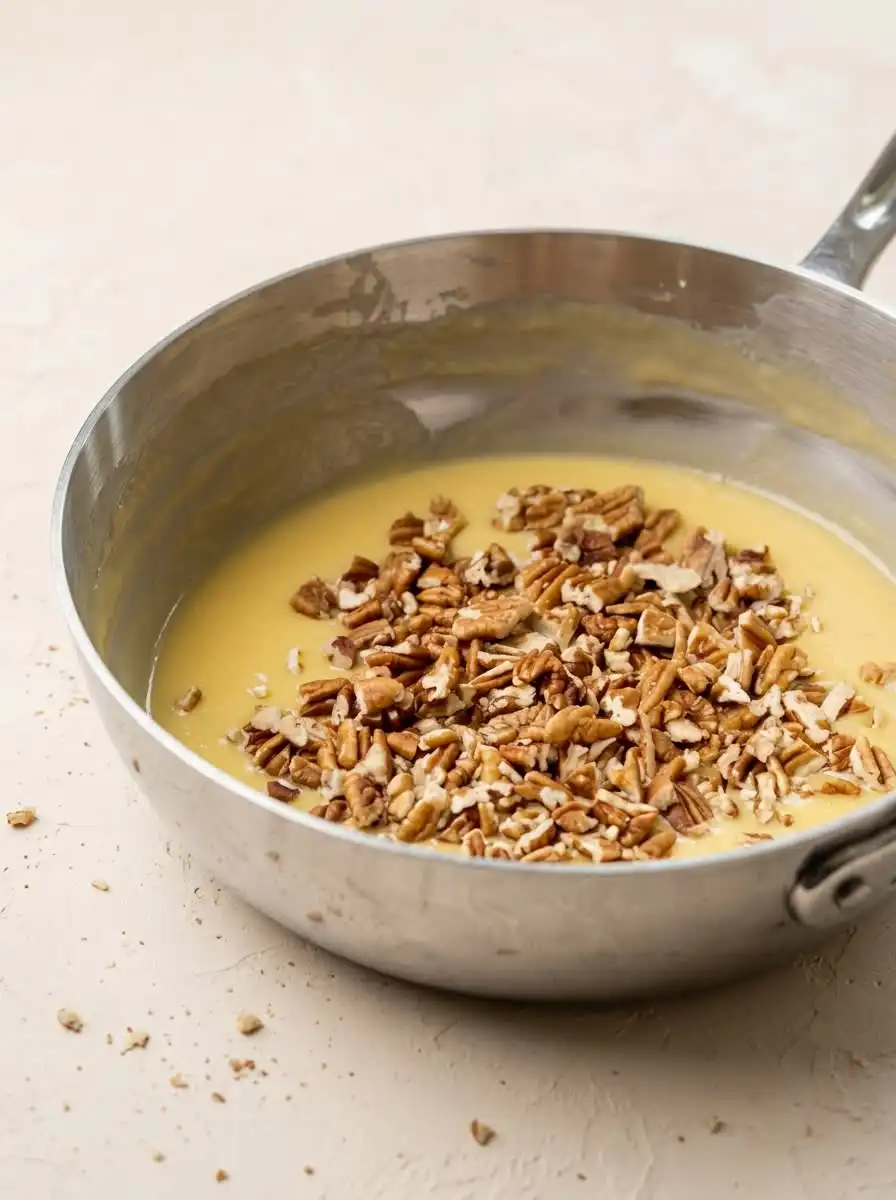 A saucepan with warm frosting for Classic German Chocolate Cake with Coconut Pecan Frosting.
