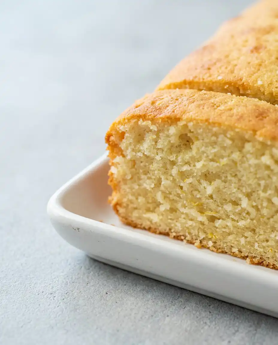 A slice of Cream Cheese Pound Cake served next to a hot cup of coffee