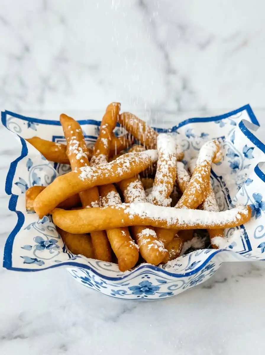 Cinnamon Sugar Funnel Cake Fries 12 A golden pile of crispy Cinnamon Sugar Funnel Cake Fries stacked on a white plate