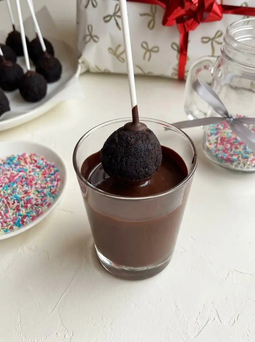 A hand dipping round Brownie Cake Pops into a deep glass filled with melted chocolate candy glaze.
