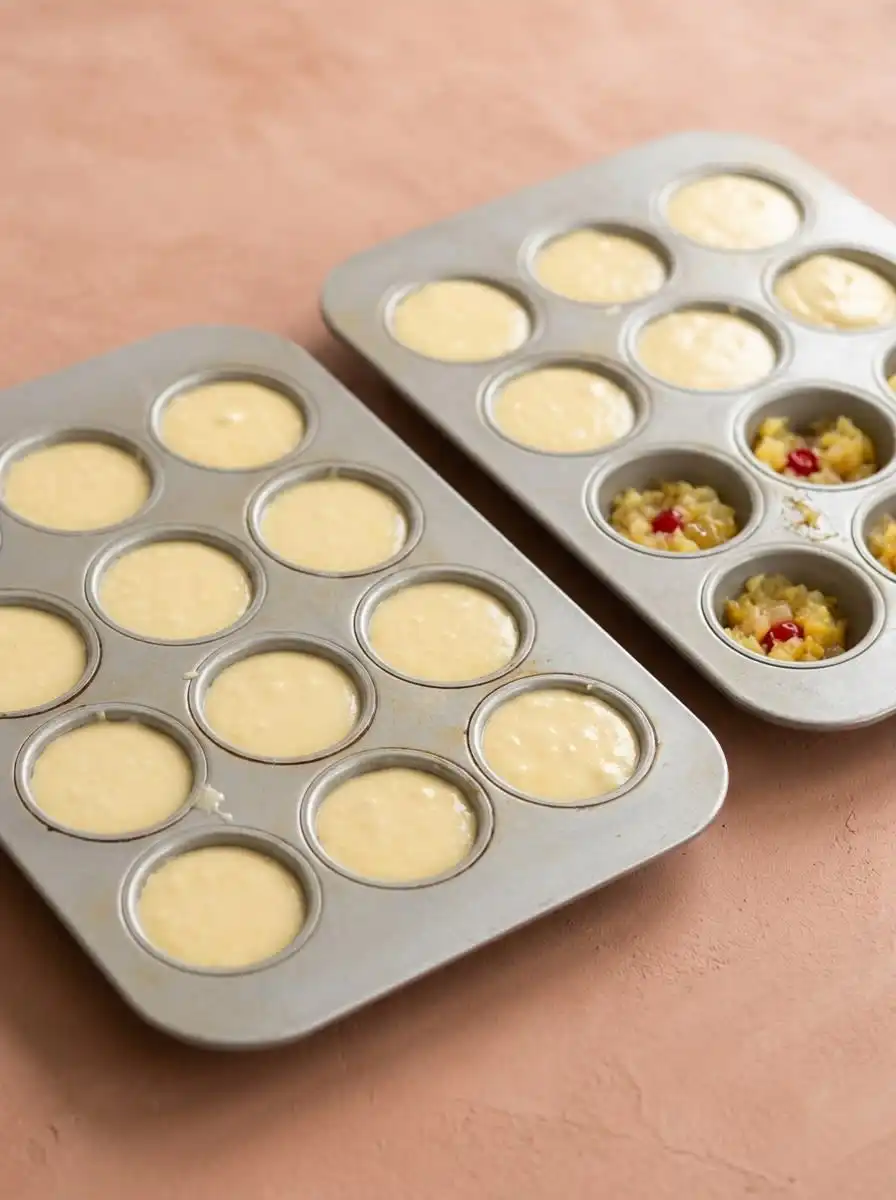 Pineapple Upside Down Cupcakes 15 Draining canned crushed pineapple using a wooden spoon in a fine mesh sieve