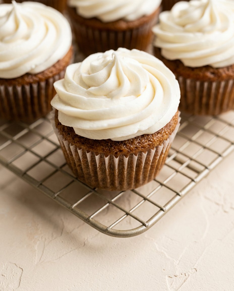 Carrot Cake Cupcakes with Cream Cheese Frosting 12 A batch of baked carrot cake cupcakes with cream cheese frosting cooling on a wire rack.