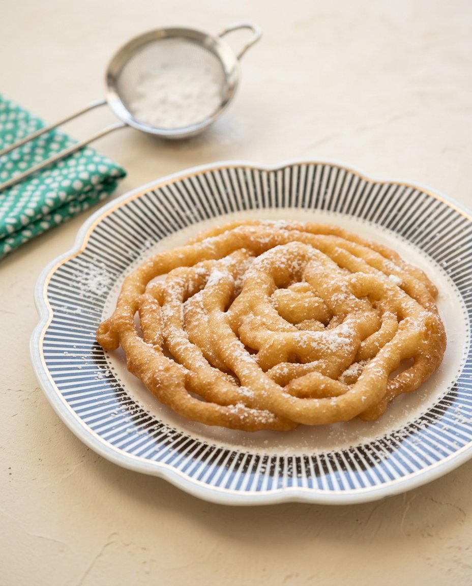 A warm crispy pancake mix funnel cake dusted with powdered sugar ready to be served.