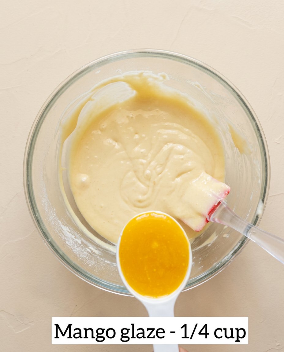 Gently folding the Mango Fresh Fruit Topped Cake batter with a spatula