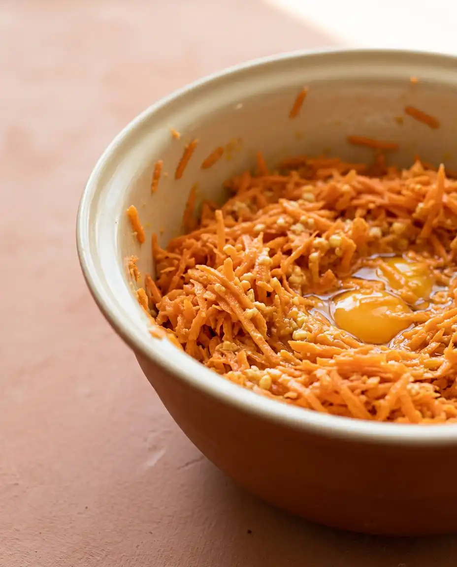 Fresh ingredients for making Marzipan Carrot Topped Cake including carrots almond paste spices and flour.