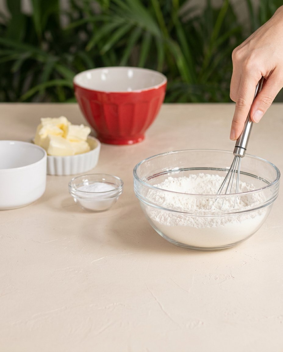 Pantry basics including eggs, fresh butter, flour, and vanilla beans arranged for a Vanilla Pound Cake recipe.