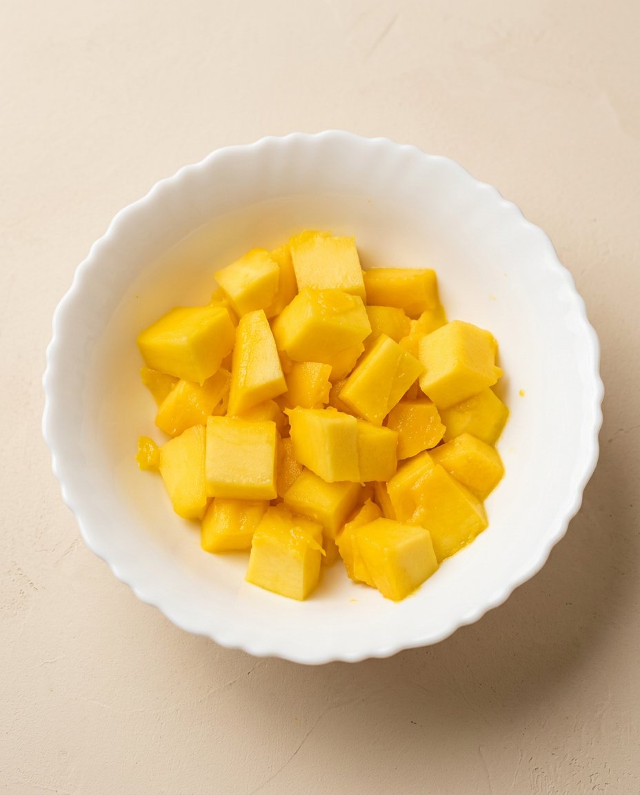 Simple baking ingredients for the Mango Fresh Fruit Topped Cake spread on a counter
