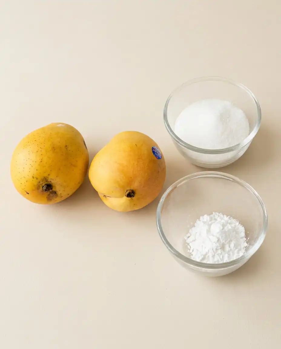 Simple baking ingredients including fresh ripe mangoes and flour for the Mango Ombre Cake.