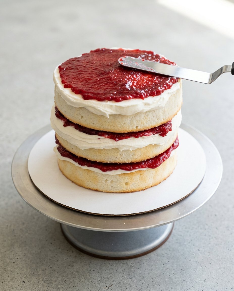 Baking ingredients for White Chocolate Raspberry Anniversary Cake displayed on a simple wooden table