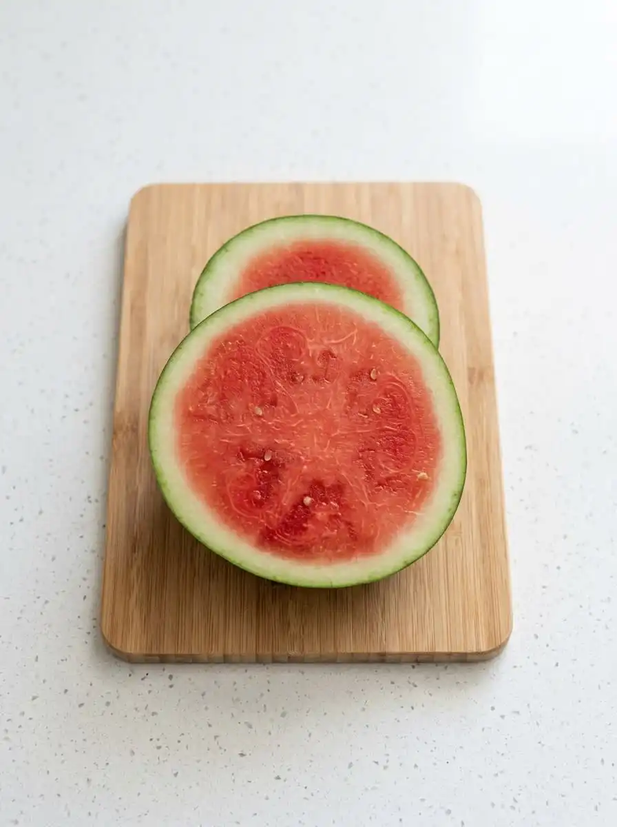 Frozen Watermelon Teething Pops 14 Slices of seedless watermelon on a rustic cutting board ready for Frozen Watermelon Teething Pops.