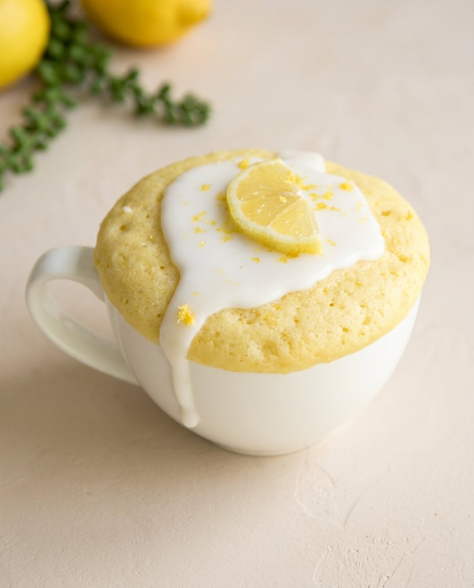 Lemon Mug Cake 12 A warm and fluffy Lemon Mug Cake in a white ceramic mug with sweet glaze dripping down.