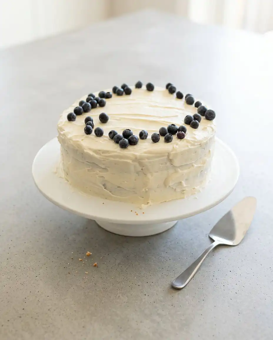 Spreading velvety white cream cheese frosting over a Classic Blueberry Layer Cake layer.