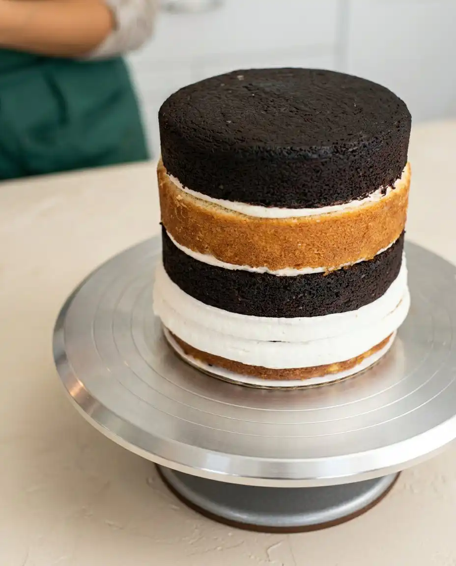 Spreading smooth vanilla buttercream on a gorgeous three layer Naked Cake with Fall Flowers using a small offset spatula.