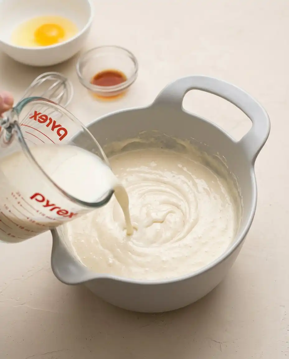 Drizzling batter into hot oil in a small saucepan to fry Cinnamon Sugar Funnel Cake Bites.