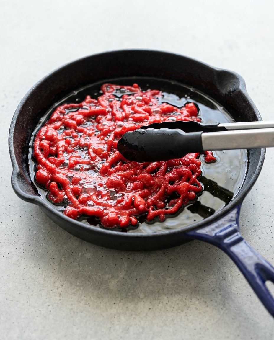 A close-up of a circular Red Velvet Funnel Cake frying to a gorgeous crisp in a hot oil skillet