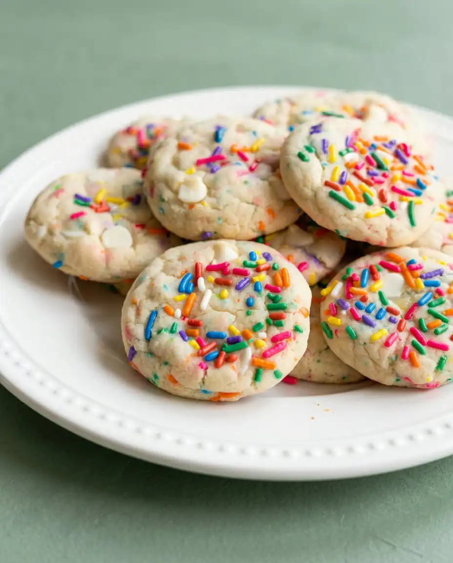 Funfetti Cake Mix Cookies 12 A batch of fresh Funfetti Cake Mix Cookies cooling on a wire rack with bright rainbow sprinkles.