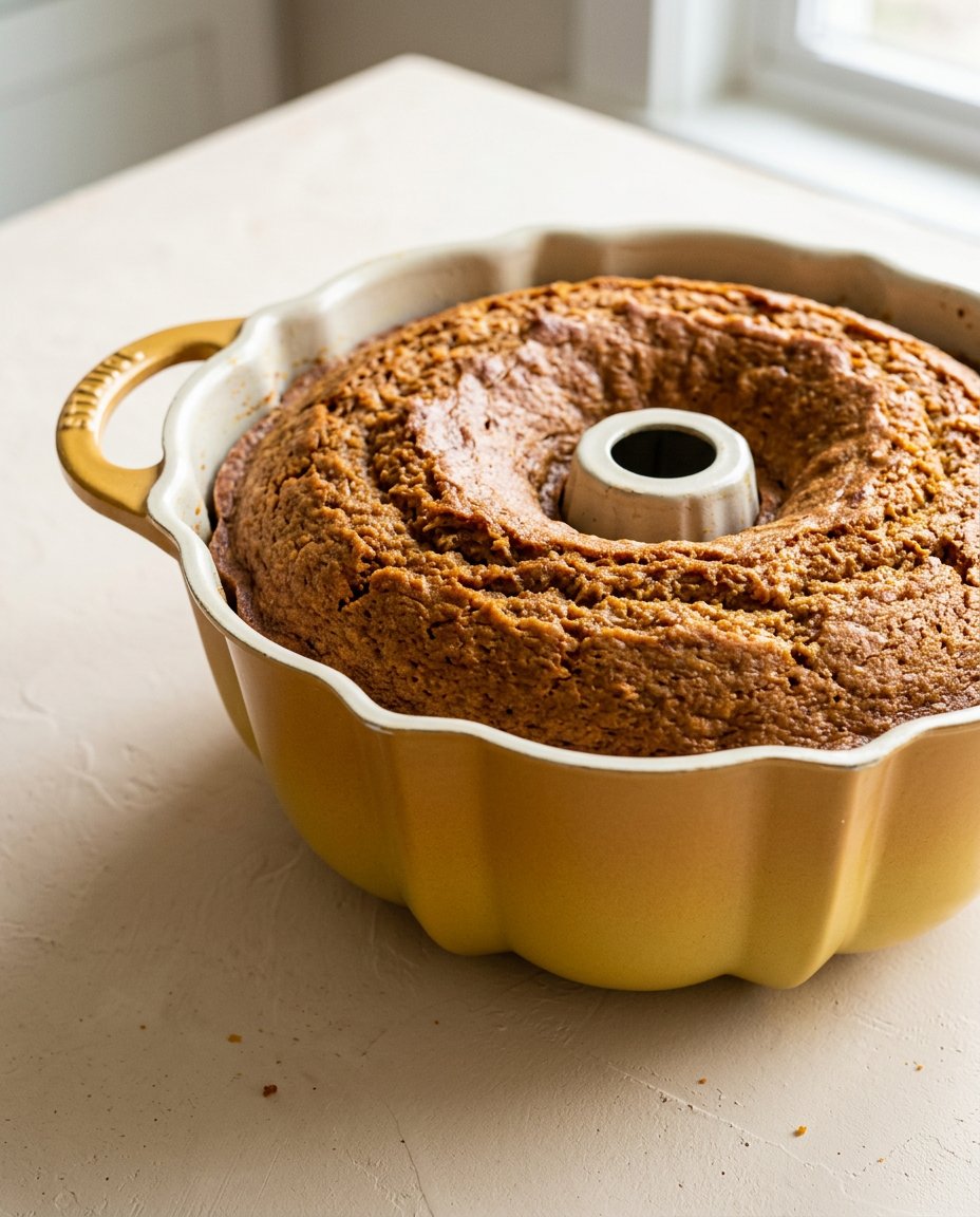 Thick sweet white glaze dripping down the sides of a golden Pumpkin Spice Bundt Cake.