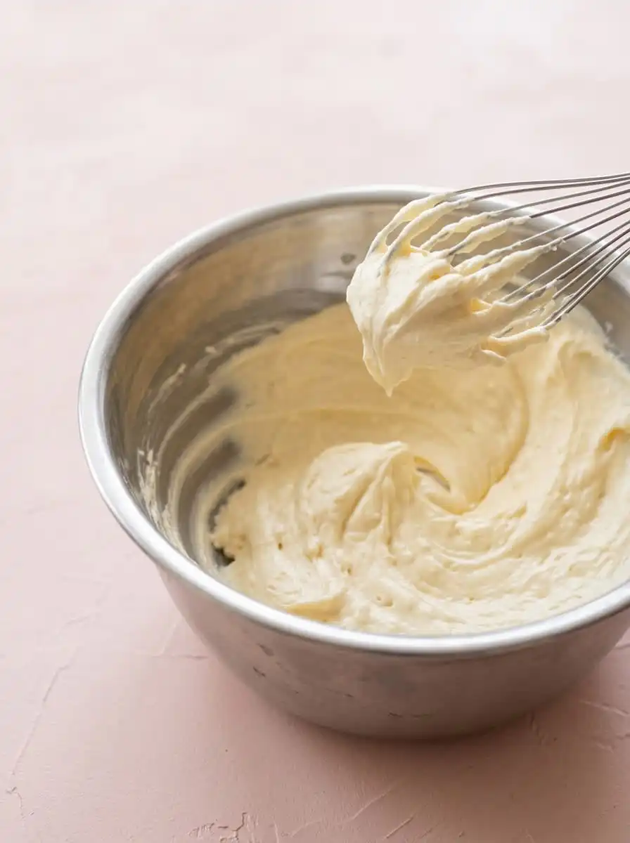Pouring a glossy lemon glaze over a cooled round Mango Yogurt Cake resting on a wire rack.