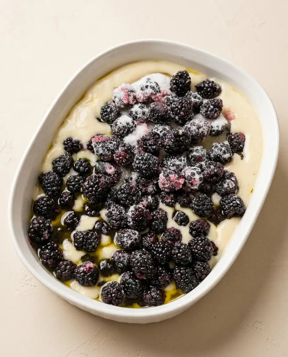 Close up of the crispy caramelized crust of a Blackberry Cobbler Dump Cake
