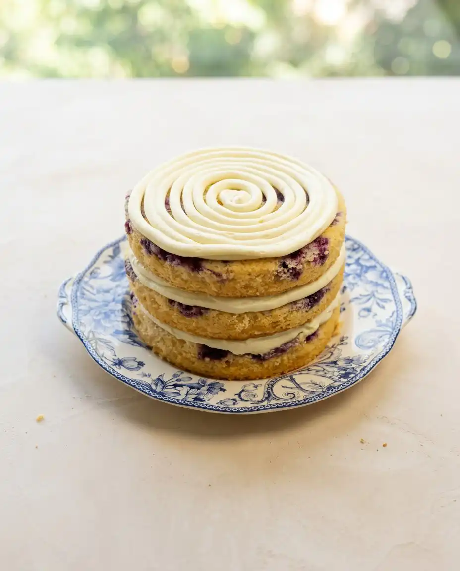 Three golden baked six inch layers of Lemon Blueberry Layer Cake with Cream Cheese Frosting cooling on a wire rack.