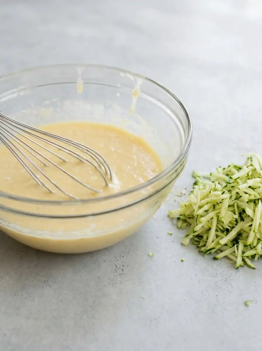 A cook grating fresh green zucchini on a metal box grater for the zucchini cake with Greek yogurt.
