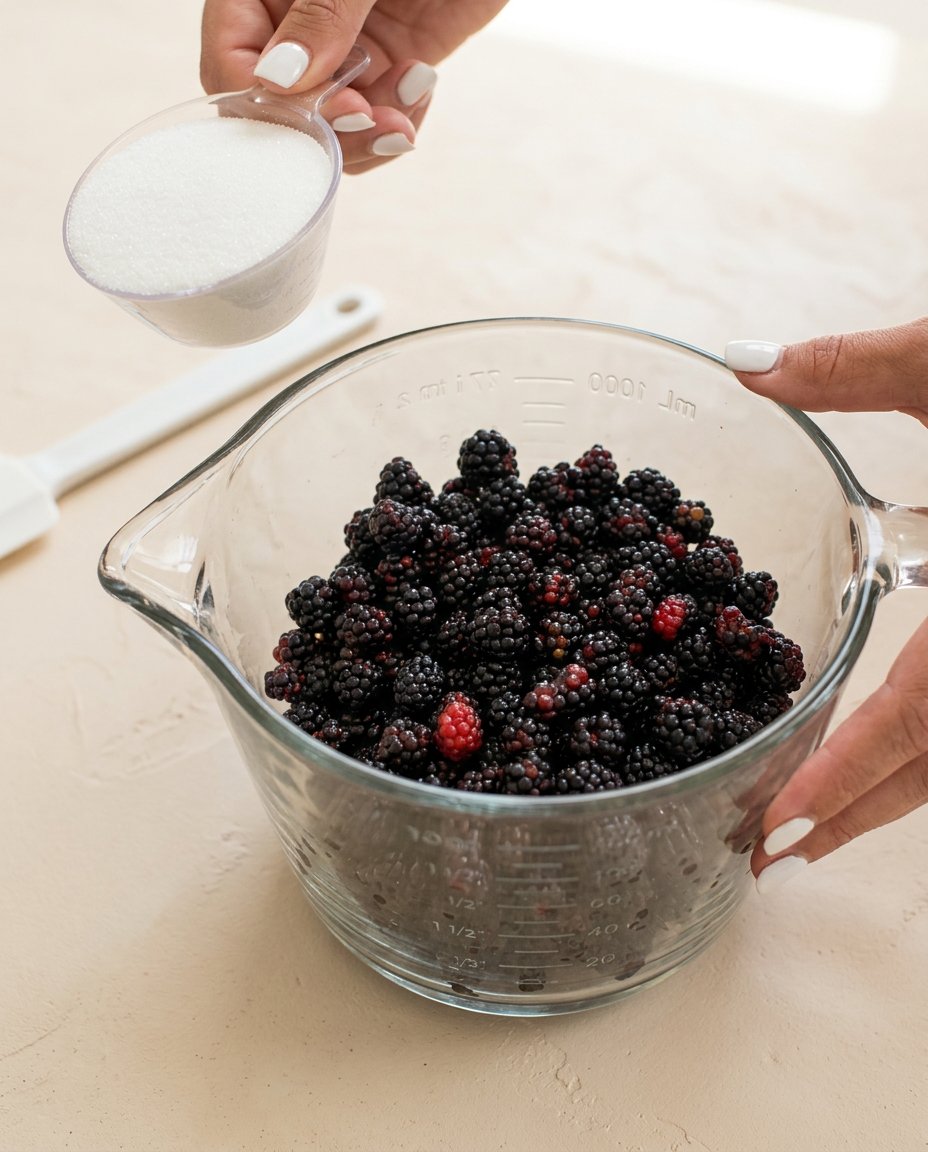 Simple ingredients for blackberry peach dump cake including fresh blackberries canned peaches and cake mix.