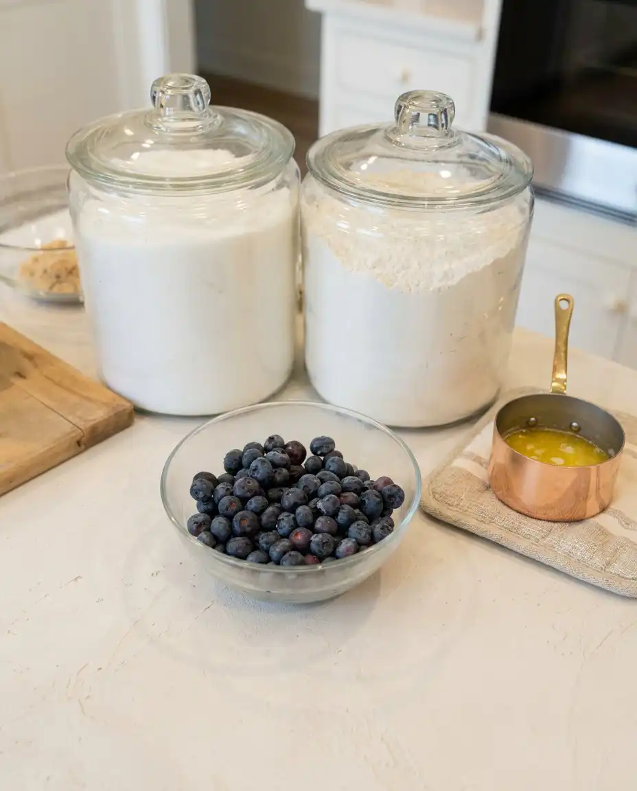 Fresh blueberries, lemon zest, flour, and butter arranged on a kitchen counter.