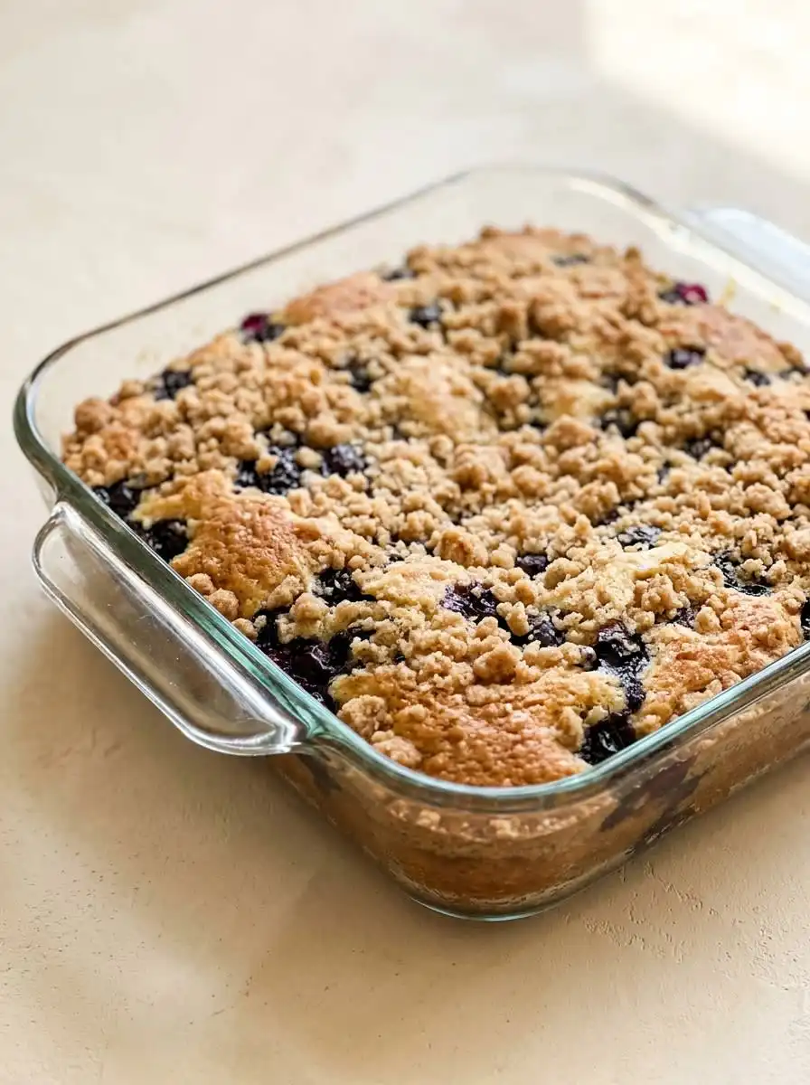 Blueberry Buttermilk Breakfast Cake 14 Pantry ingredients including flour sugar buttermilk and fresh blueberries on a kitchen counter