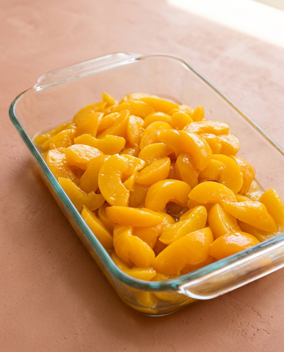 The simple ingredients for a Cinnamon Canned Peach Dump Cake arranged on a table.