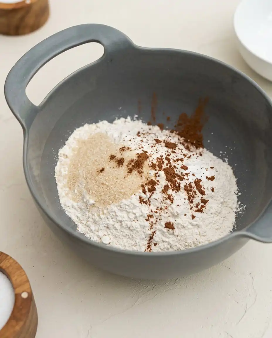 Pantry ingredients including flour, sugar, baking powder, milk, and ground cinnamon on a kitchen counter.