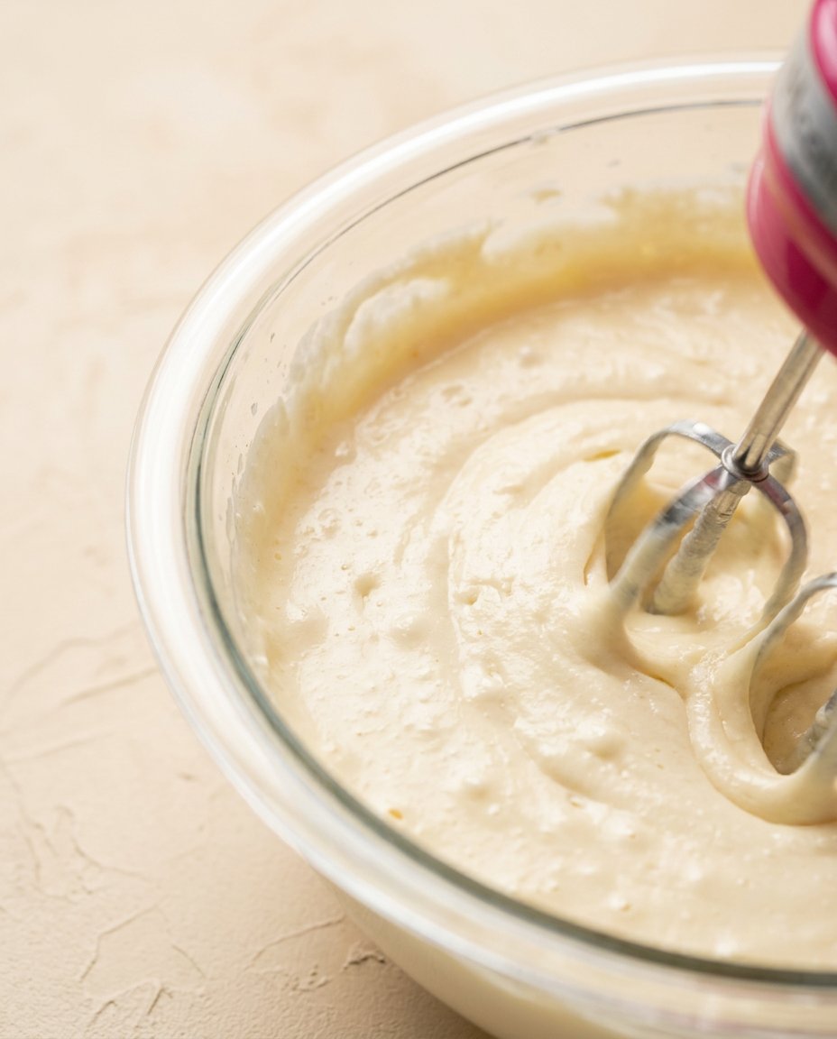Fresh baking ingredients for a Three-Layer Coconut Cream Cake arranged on a marble countertop