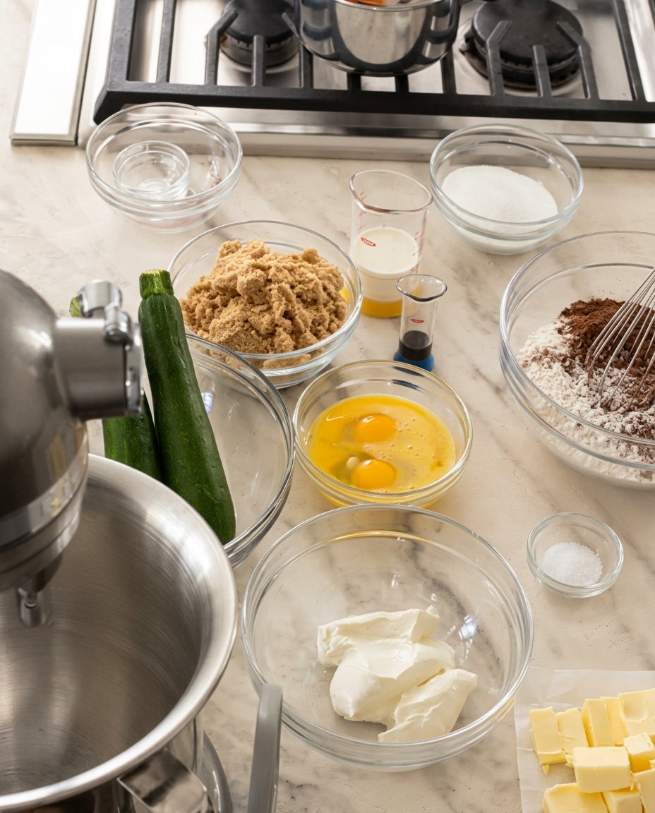 Ingredients for making a Double Chocolate Zucchini Cake arranged on a kitchen counter