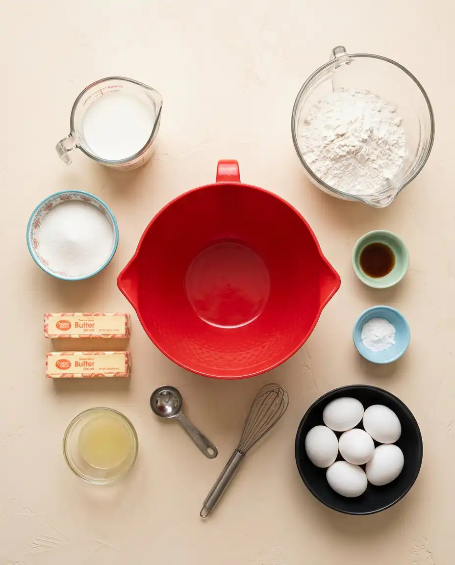 Ingredients for Lemon Blueberry Bundt Cake with Lemon Glaze gathered on a countertop