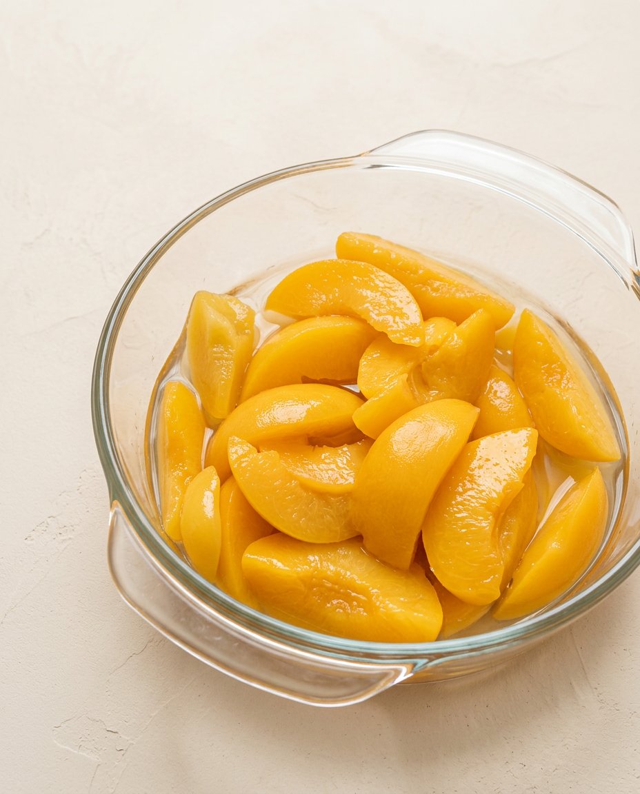 Bowls of flour, fresh peaches, brown sugar, and buttermilk on a white counter