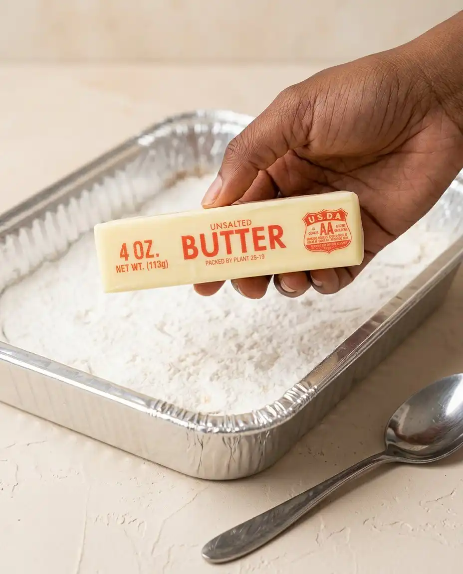Simple ingredients laid out for baking Peach Cobbler with White Cake Mix.