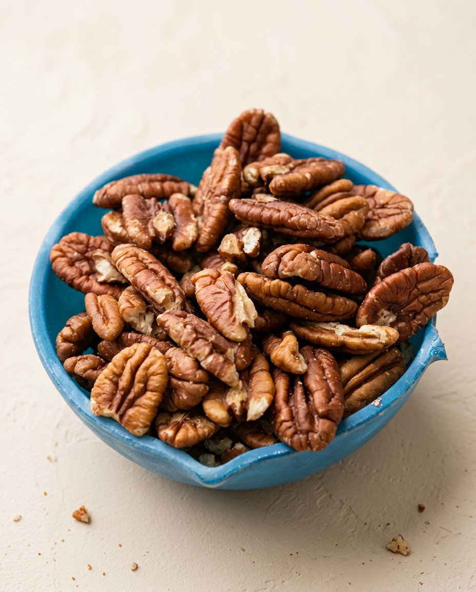 Simple ingredients for pecan streusel coffee cake including sour cream, pecans, flour, and brown sugar.