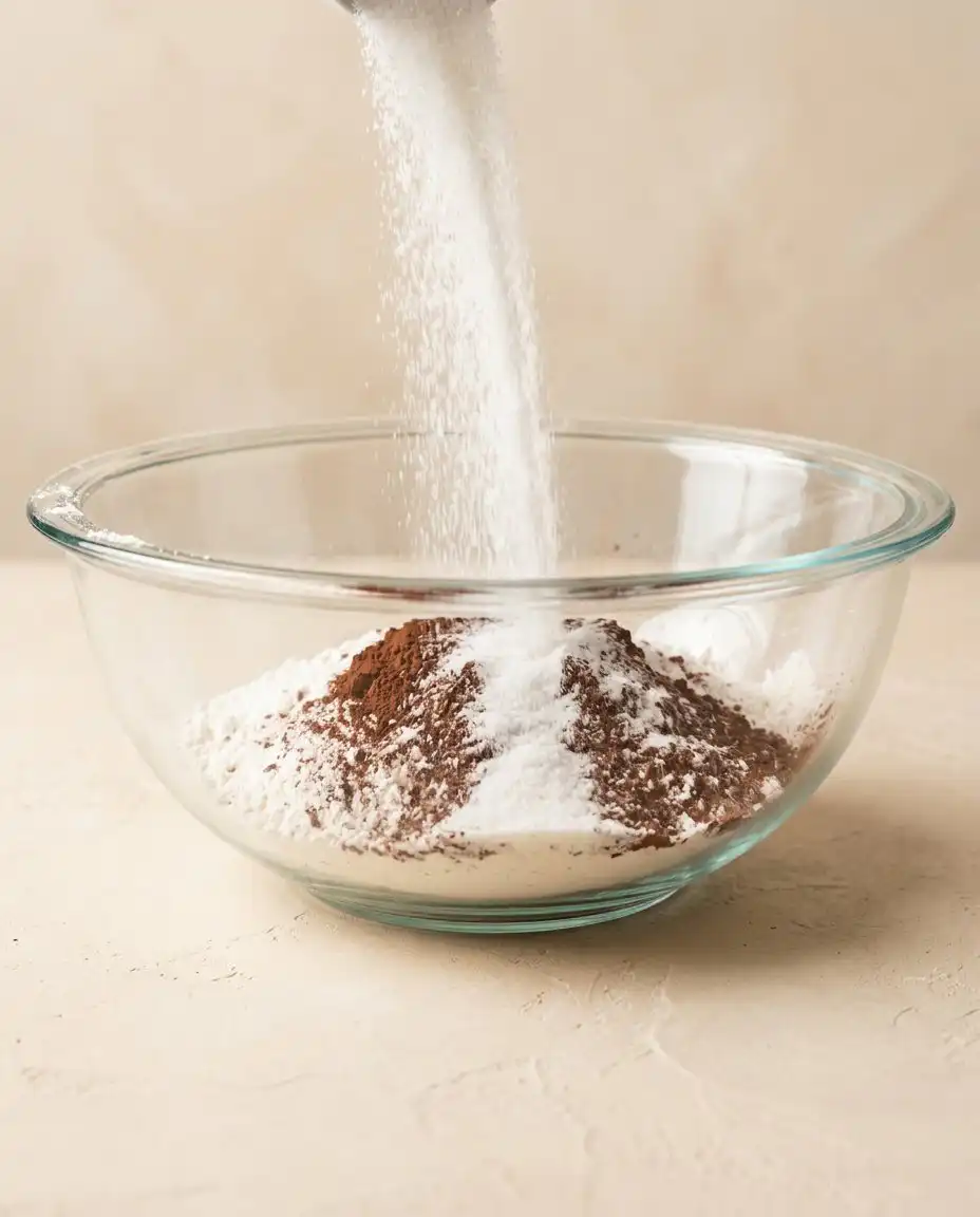 Measuring cups and ingredients for baking a classic Red Velvet Layer Cake
