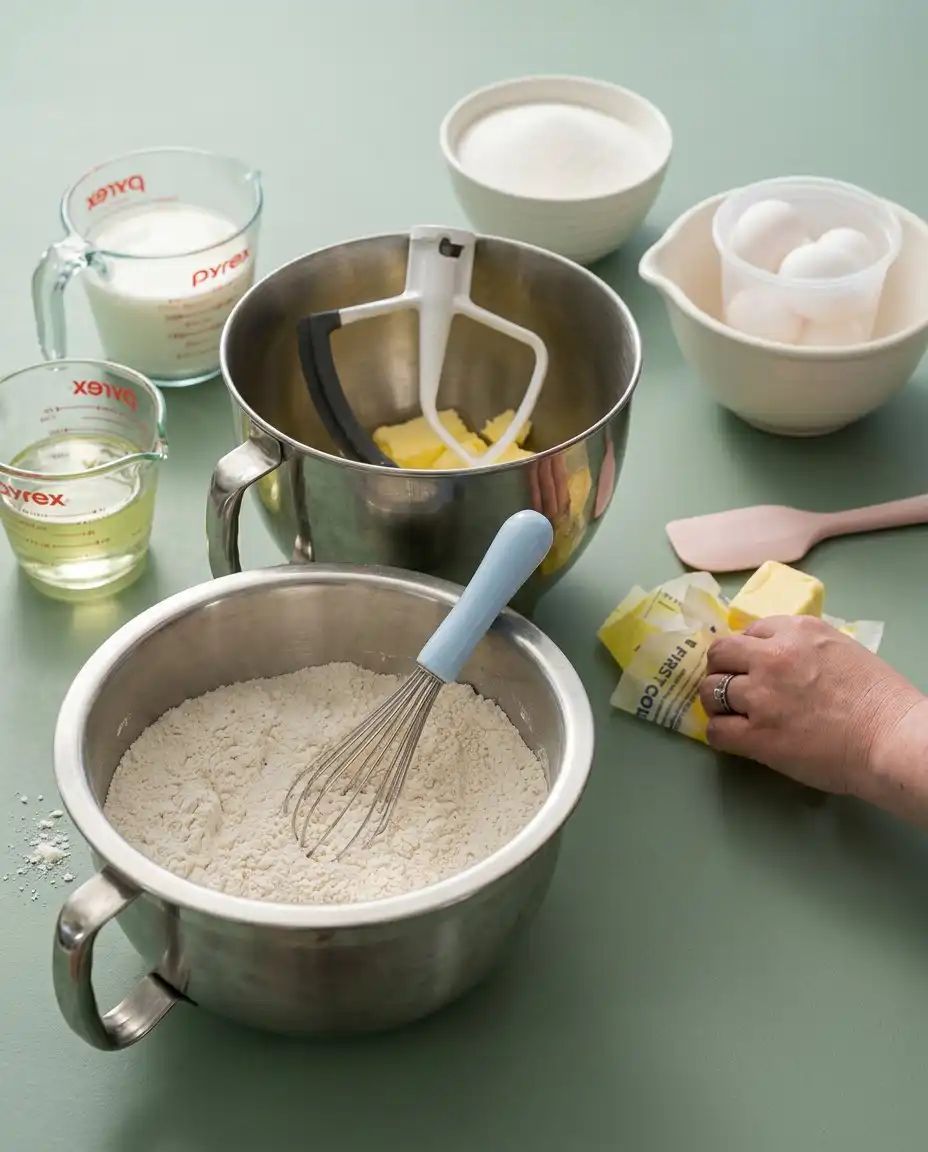 Fresh baking ingredients for making Classic Vanilla Layer Cake assembled