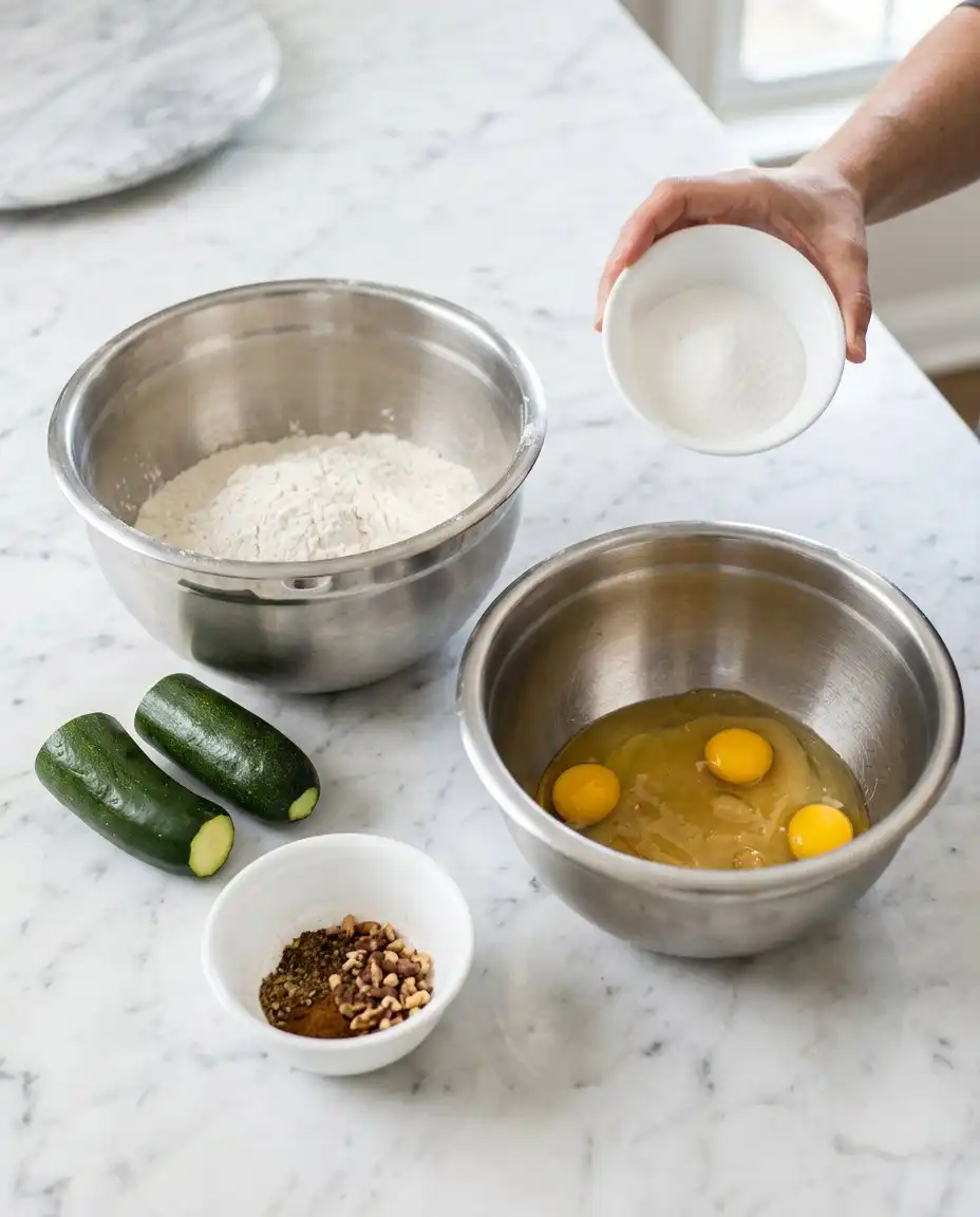Healthy Chocolate Zucchini Cake 14 Wholesome ingredients including almond flour, cocoa powder, maple syrup, and grated zucchini on a kitchen counter.