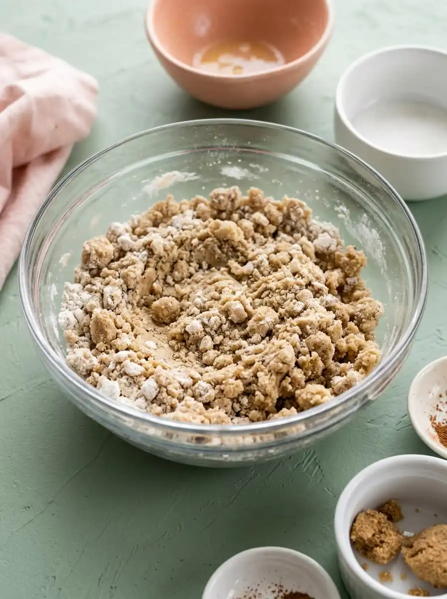 An organized display of ingredients for Classic Coffee Cake Muffins including brown sugar flour and melted butter.